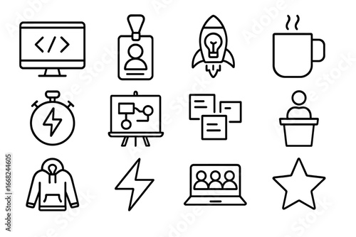Innovation Hackathon Icons. Outline vector icons of innovation hackathons: coding screen, hackathon badge,