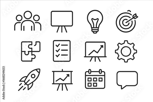 Innovation Workshop Icons. Outline icon set of innovation workshops: group of people, whiteboard, light bulb,