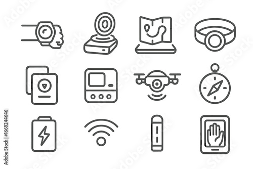Instant Transport Icons. Outline icon set of personal instant transport gadgets: wrist teleporter, pocket