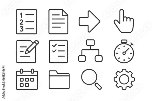 Instruction Icon Set. Outline icon set of step-by-step instruction sheets: numbered list, document, arrow,