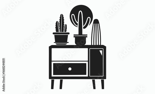 Cactus on nightstand silhouette, Linear illustration of cactus plant on nightstand, home decor vector, black and white illustration 