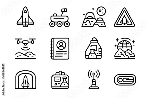 Interstellar Expedition Icons. Outline icon set of interstellar expedition: space shuttle, exploration rover,