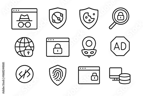 Internet Privacy Icons. Outline icon set of internet browsing privacy: incognito window, tracker blocker,