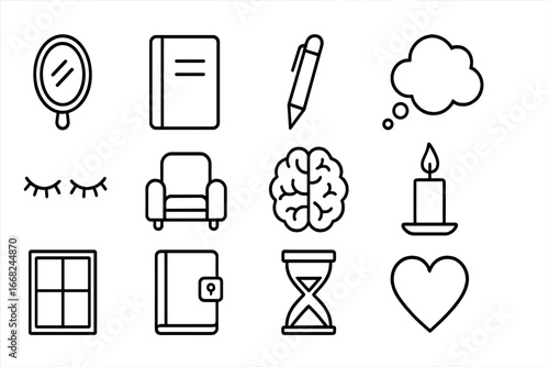 Introspection Icon Set. Outline icon set of introspection: mirror, notebook, pen, thought bubble, closed eyes,