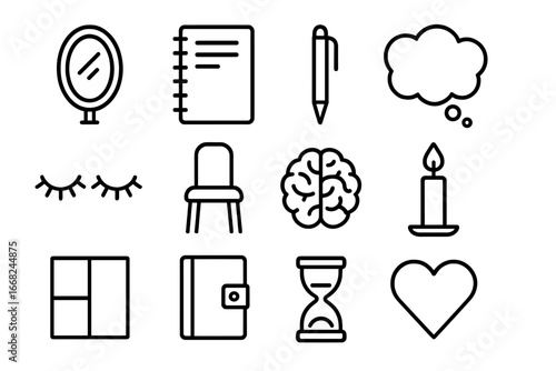 Introspection Icon Set. Outline icon set of introspection: mirror, notebook, pen, thought bubble, closed eyes,