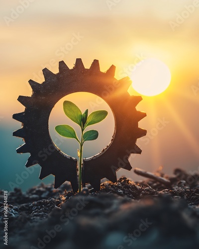 Growth through technology a new beginning plant growing from gear with sunrise background concept