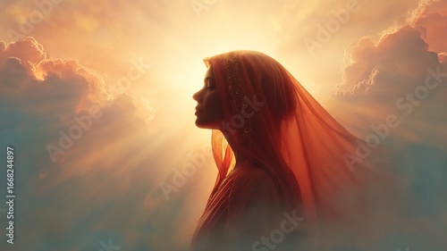 Serene image of Our Lady in blue and white robe, soft glowing light, neutral background with empty space for text, peaceful atmosphere.