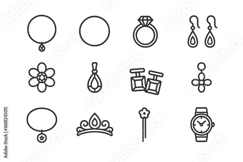 Jewelry Icons Grid. Outline icon set of jewelry fashion accessories: necklace, bracelet, ring, earrings,