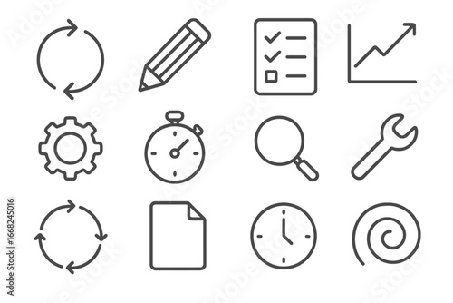 Iterative Icon Set. Outline icon set of iterative improvement: arrow loop, pencil, checklist, graph, gear,