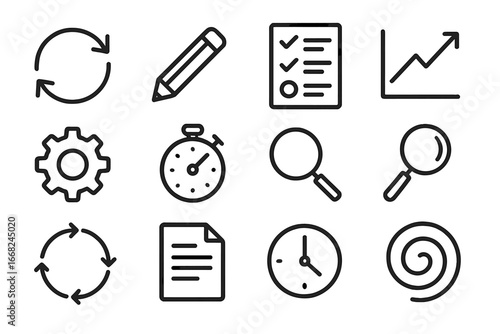 Iterative Icon Set. Outline icon set of iterative improvement: arrow loop, pencil, checklist, graph, gear,