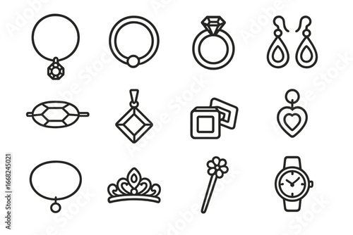 Jewelry Icons Grid. Outline icon set of jewelry fashion accessories: necklace, bracelet, ring, earrings,