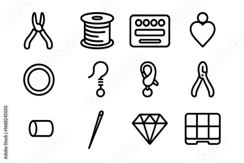 Jewelry Tools Icons. Outline icon set of jewelry making tools: pliers, wire spool, bead tray, charm pendant,