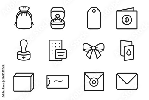 Jewelry Packaging Icons. Outline icon set of jewelry packaging and branding: velvet pouch, ring box, jewelry