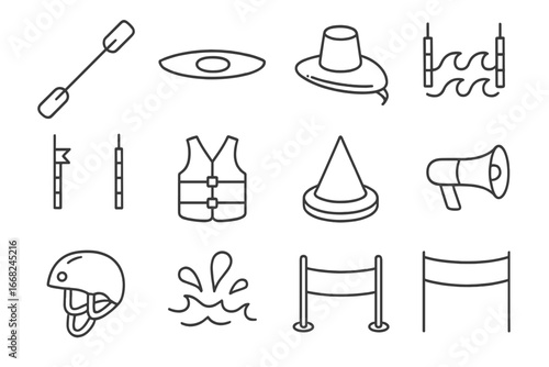 Kayaking Icon Grid. Outline vector icons of kayaking and canoeing: kayak paddle, canoe icon, spray skirt,