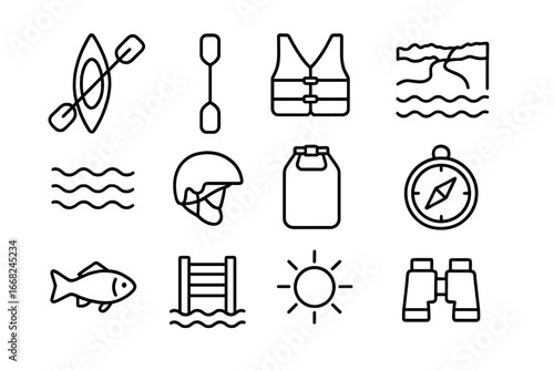 Kayaking Adventure Icons. Outline icon set of kayaking adventures: kayak, paddle, life jacket, river, waves,