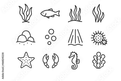 Kelp Forest Icons. Outline icon set of kelp forest environment: kelp blades, fish silhouette, seaweed,