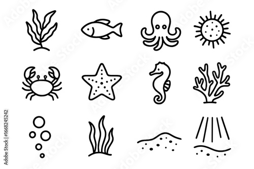 Kelp Forest Icon Set. Outline icon set of kelp forest underwater wildlife: kelp leaves, fish, octopus, sea