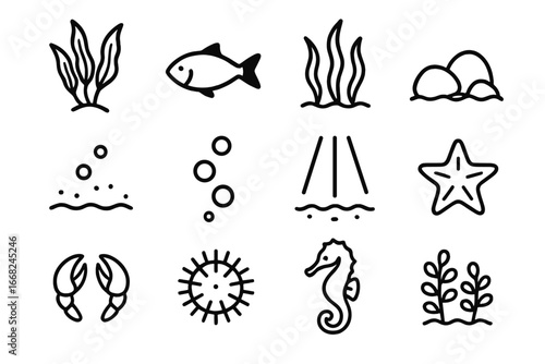 Kelp Forest Icons. Outline icon set of kelp forest environment: kelp blades, fish silhouette, seaweed,