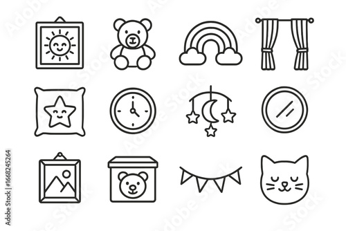 Kids Decor Icons. Outline icon set of kids’ decorative accessories: wall art, plush toys, rugs, curtains,