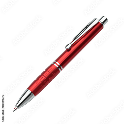 Bright red metal ballpoint pen on a white background for copy space concept
