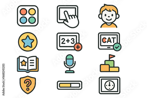 Kids Educational App Icons. Outline icon set of educational apps for kids: colorful app icon, touch interface,
