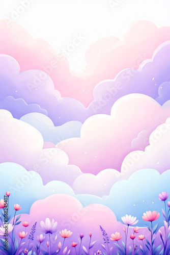 Colorful sky with clouds and flowers