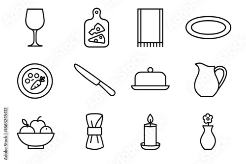 Kitchen Decor Icons. Outline icon set of kitchen decor for entertaining: wine glass, cheese board, runner,
