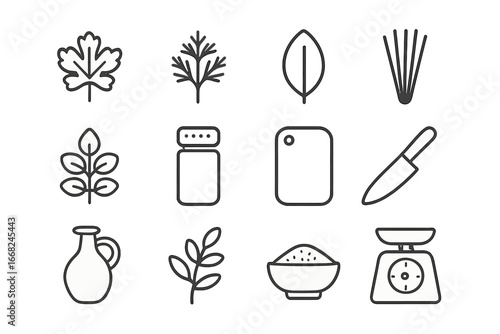 Kitchen Herb Icons. Outline icon set of kitchen herbs: cilantro, dill, sage leaf, chives, oregano, spice jar,