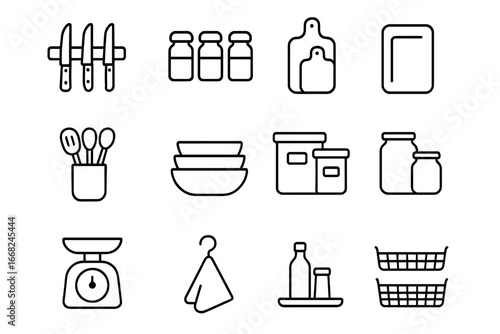 Kitchen Organization Icons. Outline icon set of kitchen organization: knife rack, spice jars, drawer dividers,
