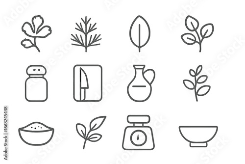 Kitchen Herb Icons. Outline icon set of kitchen herbs: cilantro, dill, sage leaf, chives, oregano, spice jar,