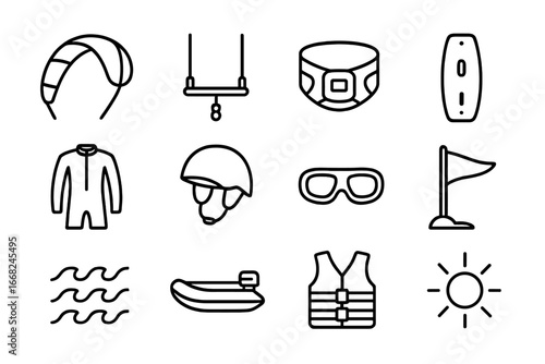Kitesurfing Equipment Icons. Outline icon set of kitesurfing equipment: kite, control bar, harness, board,