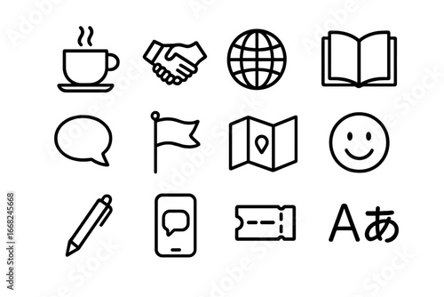 Language Exchange Icons. Outline icon set of language exchange meetups: coffee cup, handshake, globe, book,