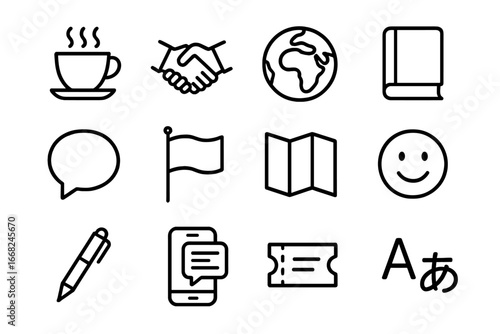 Language Exchange Icons. Outline icon set of language exchange meetups: coffee cup, handshake, globe, book,