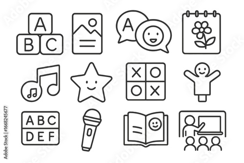 Language Learning Icons. Outline icon set of children learning new languages: ABC blocks, picture card,