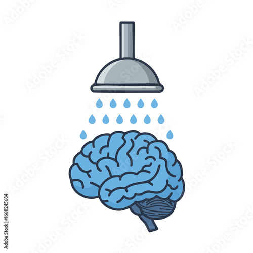 Brain under showerhead with water droplets falling