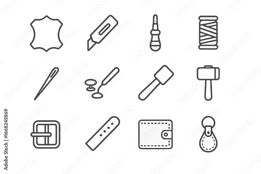 Leather Crafting Icon Set. Outline icon set of leather crafting: leather sheet, cutting knife, stitching awl, Leather Crafting Icon Set. Outline icon set of leather crafting: leather sheet, cutting knife, stitching awl,