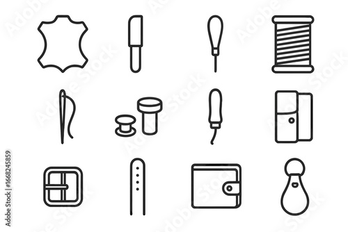 Leather Crafting Icon Set. Outline icon set of leather crafting: leather sheet, cutting knife, stitching awl,