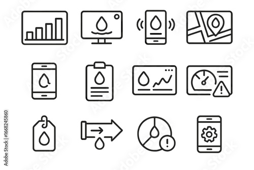 Leak Detection Icons. Outline icon set of digital leak detection dashboards: bar chart, live feed, sensor