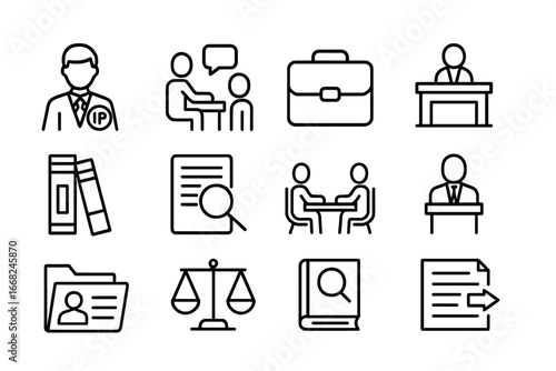 Legal Icon Set. Outline icon set of IP lawyers and legal experts: lawyer profile, legal consultation,