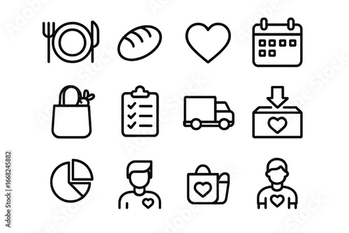 Leftover Meal Icons Grid. Outline icon set of leftover meal programs: plate, fork and knife, bread loaf, apple