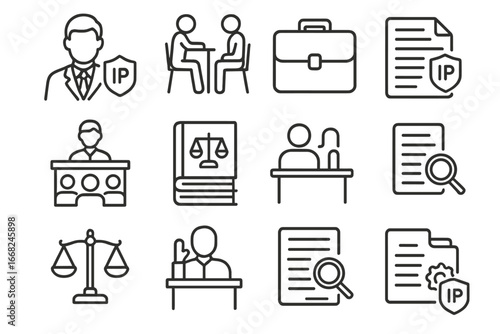 Legal Icon Set. Outline icon set of IP lawyers and legal experts: lawyer profile, legal consultation,