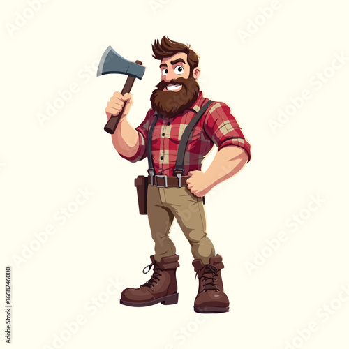 Lumberjack with Axe: A robust illustration of a lumberjack stands proudly, axe in hand, showcasing his strength and rustic charm.Young man in jeans with a megaphone, smiling