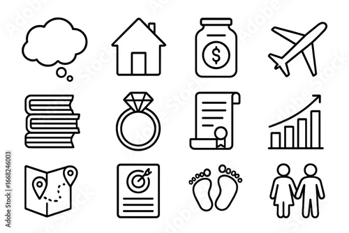 Life Goals Icons. Outline vector icons of life goals planning: dream bubble, house goal, savings jar, travel