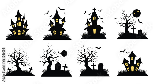 Halloween scene with haunted houses trees bats and gravestones in black silhouette