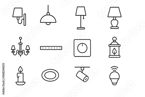 Lighting Icon Set. Outline icon set of hallway and entryway lighting: wall sconce, pendant light, floor lamp,