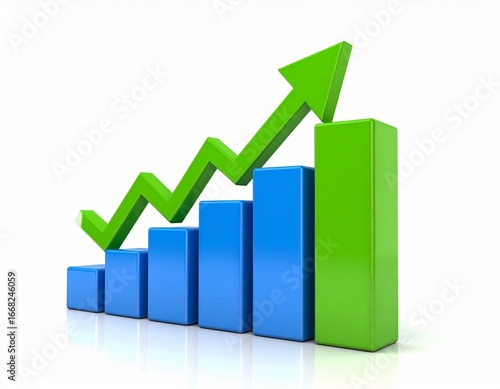 Upward green arrow on 3D blue bar chart representing financial growth Free Download Upward green arrow on 3D blue bar chart representing financial growth - GFXLoad