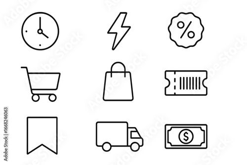 Limited-Time Offer Icons. Outline icon set of limited-time offers: clock icon, lightning bolt, price tag,