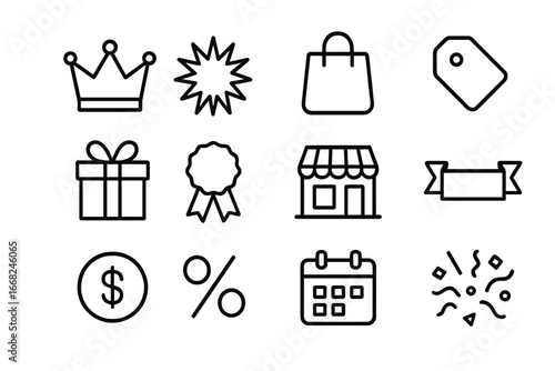 Limited Edition Icons. Outline icon set of limited edition flyer: crown, starburst, shopping bag, price tag,
