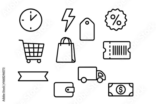 Limited-Time Offer Icons. Outline icon set of limited-time offers: clock icon, lightning bolt, price tag,
