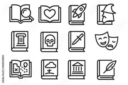 Literature Genre Icons. Outline vector icons of literature genres: mystery, romance, science fiction, fantasy,